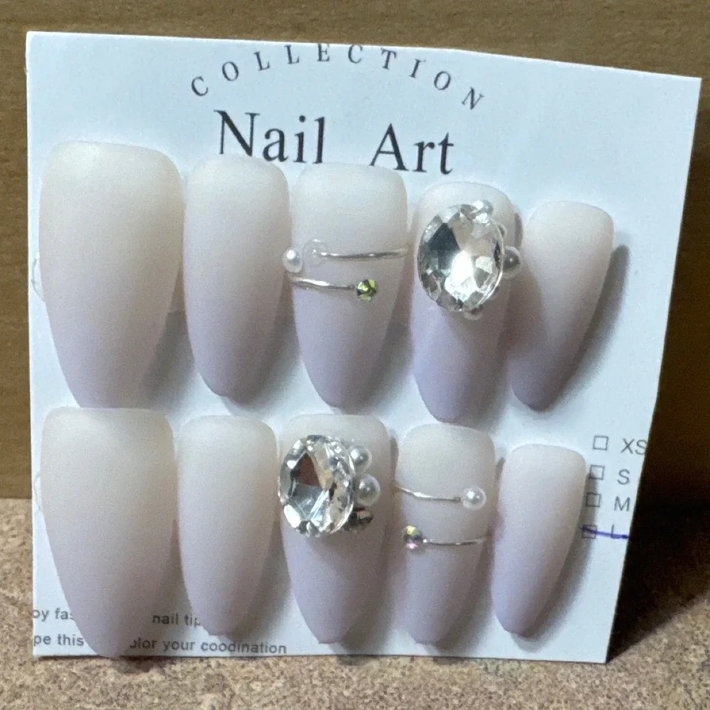 Matte Lavender Ombre Press On Nails with Rhinestones and‎ Pearls Size Large 10pc